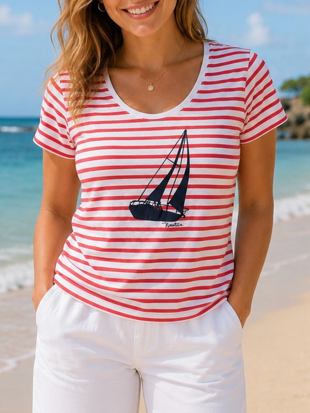 NAUTICA Women's Striped Sailboat Graphic Tee – Size Large